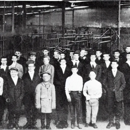 Image similar to grainy 1910s photo of a IT nerd army standing unused inside a warehouse