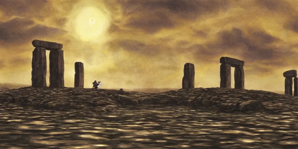 Prompt: a realistic cell - shaded concept art from howl's moving castle ( 2 0 0 4 ) of a huge cube from close encounters of the third kind ( 1 9 7 7 ) hovering over a flooded stonehenge. it is a misty starry night. very dull colors, hd, 4 k, hq