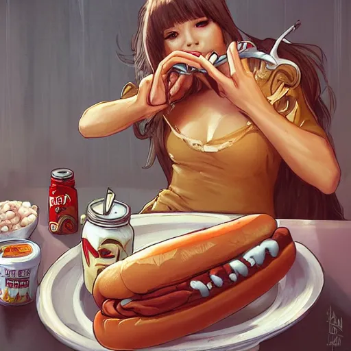 Prompt: hot dogs and yogurt is a messy eating contest, wlop, artgerm, mucha