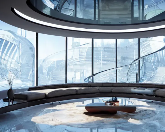 Prompt: A futuristic living room in a glass dome with a big luxurious U-shape sofa and a luxurious table in the center, curved wooden staircase going upstairs in the back, professional interior design photograph, wide angle photograph, 8k resolution, hyper detailed