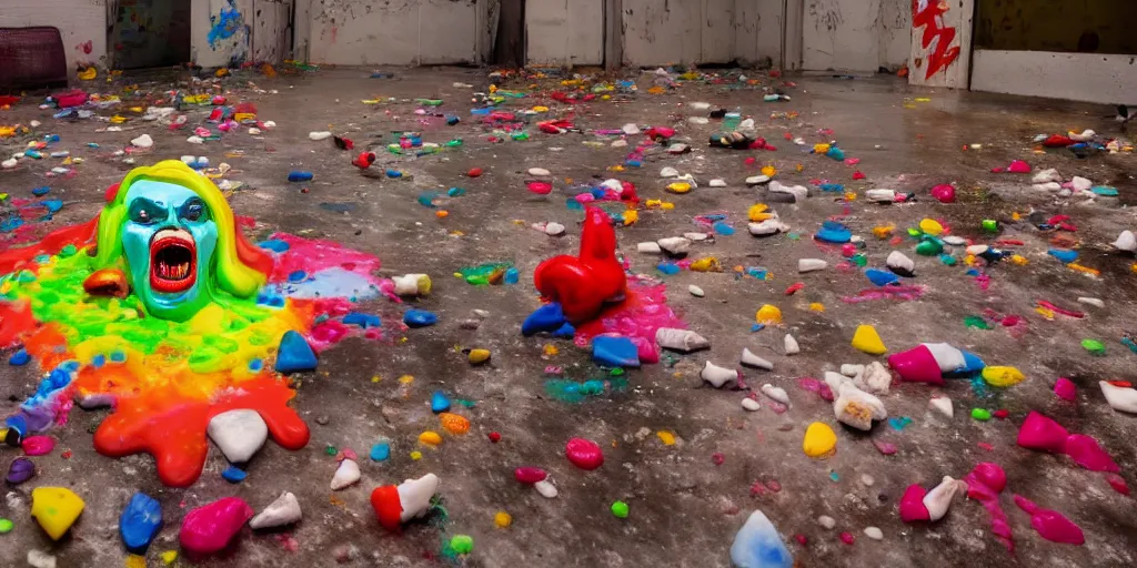 Prompt: a huge messy colorful puddle of runny melted ice cream on the floor of a abandoned ice cream parlor comes to life, raises to stand in the shape of a evil clown with sharp scary fangs attacking. a legion of evil gummy bares are behind.