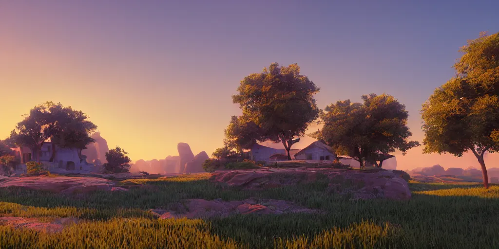 Image similar to a serene landscape with a singular building at sunrise, pixar style, octane render, unreal engine 5, path traced, highly detailed, high quality, 8 k, cartoon, high coherence, breathtaking landscape, soft lighting, godrays, complementary colors, natural lighting