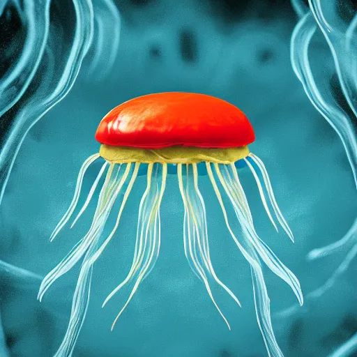 Image similar to hamburger mix jellyfish, cg, 8 k, surrealistic, sharp focus, super resolution, style by andy warhol