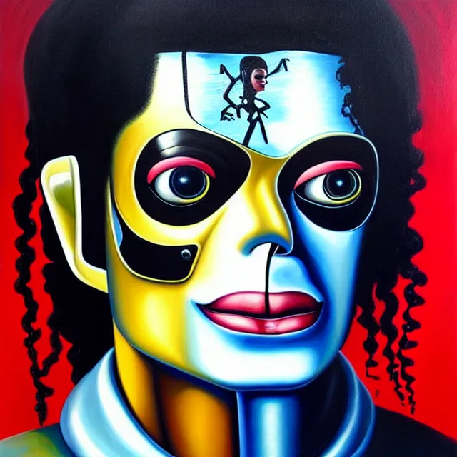 Image similar to a beautiful painting cyberpunk robot michael jackson face, by salvador dali realistic oil painting