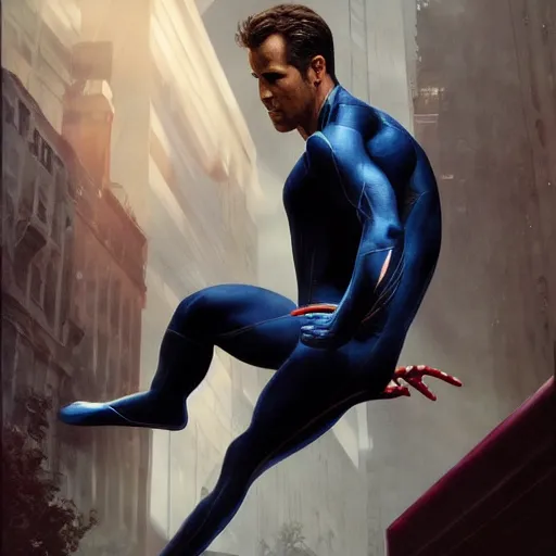 Image similar to ryan reynolds as a black and blue suit spider - man, cinematic, volumetric lighting, f 8 aperture, cinematic eastman 5 3 8 4 film, photorealistic by greg rutkowski, by stanley artgerm, by alphonse mucha