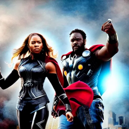 Image similar to Black Thor, Avengers end credits movie still, cinematic