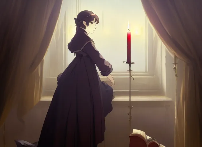 Image similar to victorian britain 1 8 3 6, 1 6 year old florence nightingale, has a vision from god, dream like, night, single candle, luxurious bedroom, finely detailed perfect art, gapmoe yandere grimdark, trending on pixiv fanbox, painted by greg rutkowski makoto shinkai takashi takeuchi studio ghibli