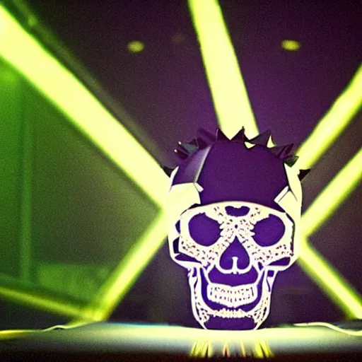 Image similar to a low poly disco skull full of long spikes, reflecting light in a nightclub, grainy film photograph