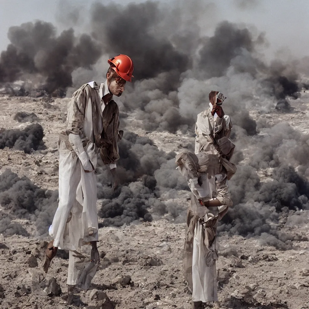 Prompt: portrait photograph fashion editorial in Kuwait oil fields fire. 1991. wide angle shot. highly detailed. depth of field. high definition. 8k. photography.