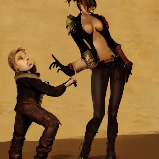 Prompt: a boy being cornered by a succubus in a leather top, concept art, detailed, dramatic lighting
