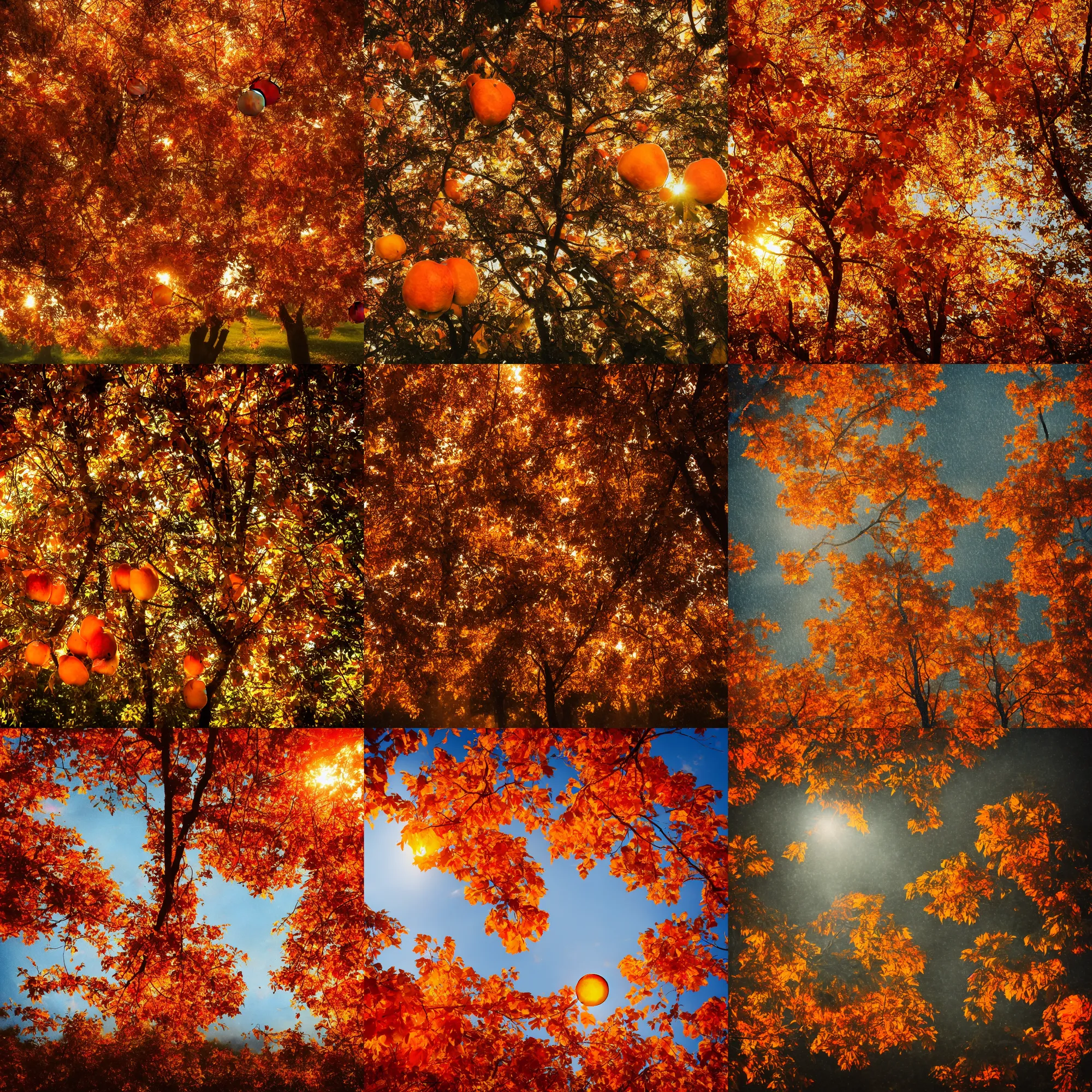 Prompt: the fall season, orange lighting, trees with apples, elegant, dramatic lighting, graphic art, volumetric lighting, sharp focus, detailed, raining