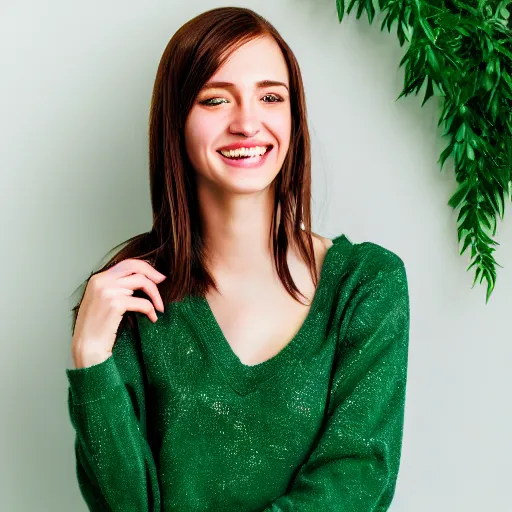 Prompt: photograph of a cute young woman with emerald green eyes, long shiny bronze brown hair, heart - shaped face, medium skin tone, light cute freckles, smiling softly, wearing casual clothing, relaxing on a modern couch, interior lighting, cozy living room background, medium shot, mid - shot, soft focus, 4 k, professional photography, portra 4 0 0