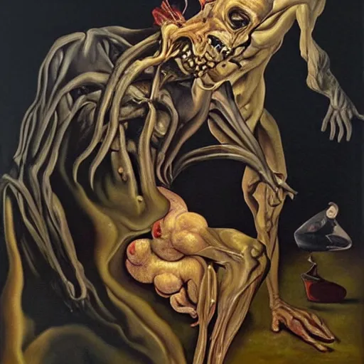 Image similar to Oil painting with black background by Christian Rex Van Minnen Robert Williams Salvador Dali of a portrait of an extremely bizarre disturbing mutated man with intense chiaroscuro lighting perfect composition