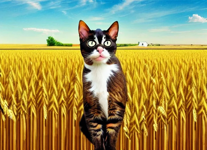 Prompt: cat wearing farmer cloths, walking in the wheat field, nature landscape on the background, sharp deep, oil art