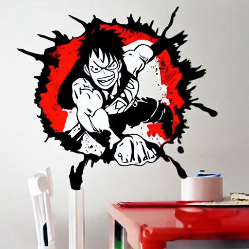 Image similar to die cut sticker, luffy is superman, splatter paint on paper