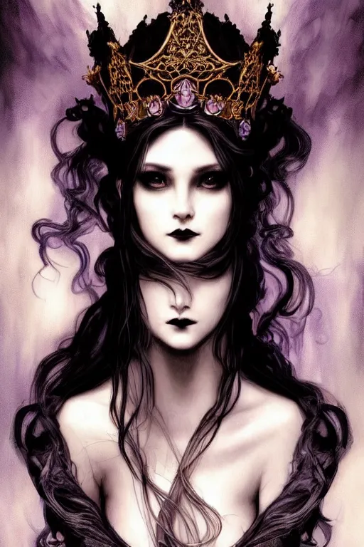 Image similar to beautiful gothic and victorian and luxury and evil young medieval dark crown princess portrait like +smoky eyes+front face with light flowing hair, ultradetail face, art and illustration by tian zi and craig mullins and miqi and alphonse mucha, fantasy, intricate complexity, human structure, human anatomy, fantasy character concept, dynamic lighting, neon light, ssci-fi, watermark, blurry, hyperrealism 8k