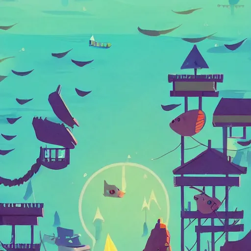 Image similar to a phone background of a sea port in the style of night in the woods the video game with lots of coral and fish and crabs on a bright sunny day