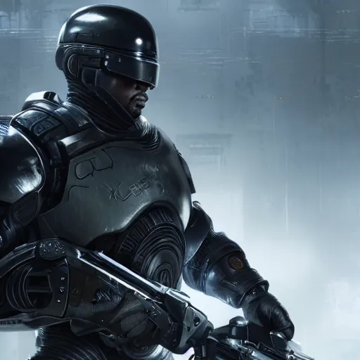 Image similar to kanye west as ( robocop ) in gears of war, splash art, movie still, cinematic lighting, detailed face, dramatic, octane render, long lens, shallow depth of field, bokeh, anamorphic lens flare, 8 k, hyper detailed, 3 5 mm film grain