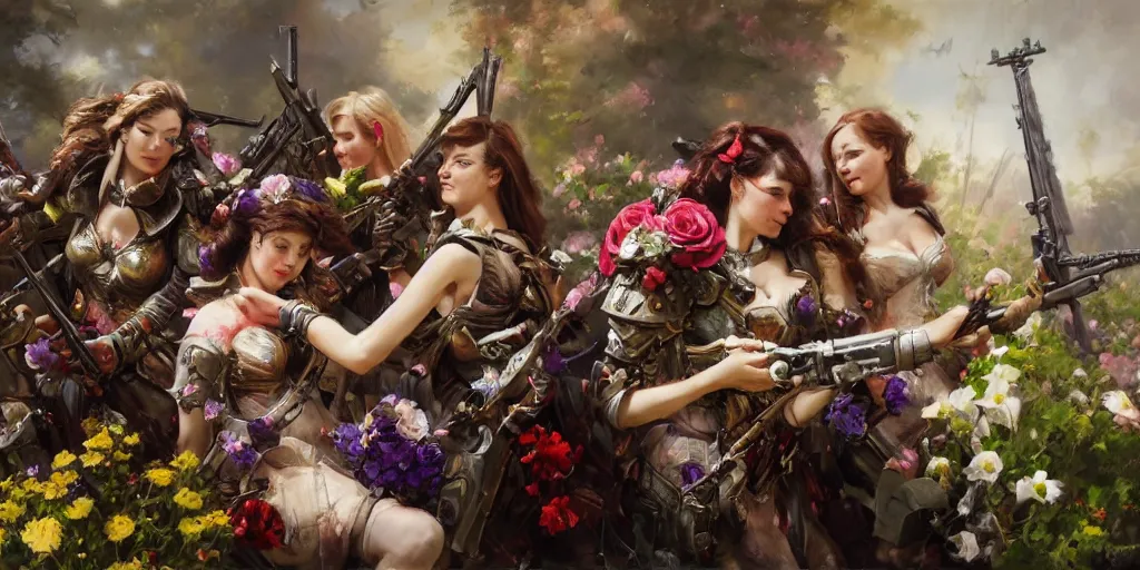 Prompt: warhammer battle sisters aiming their rifles at a bouquet of flowers. by Daniel F. Gerhartz, hyperrealistic oil painting, 4k, studio lightning, very detailed, rtx on