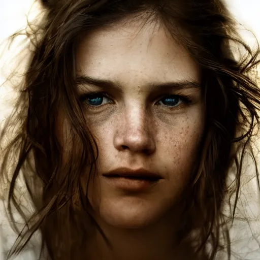 Image similar to photographic Close-up face of a extremely beautiful girl with clear eyes and light brown hair , high light on the left, non-illuminated backdrop, illuminated by a dramatic light, Low key lighting, light dark, High constrast, dramatic , Steve Mccurry, Lee Jeffries , Norman Rockwell, Craig Mulins ,dark background, high quality, photo-realistic, 8K,