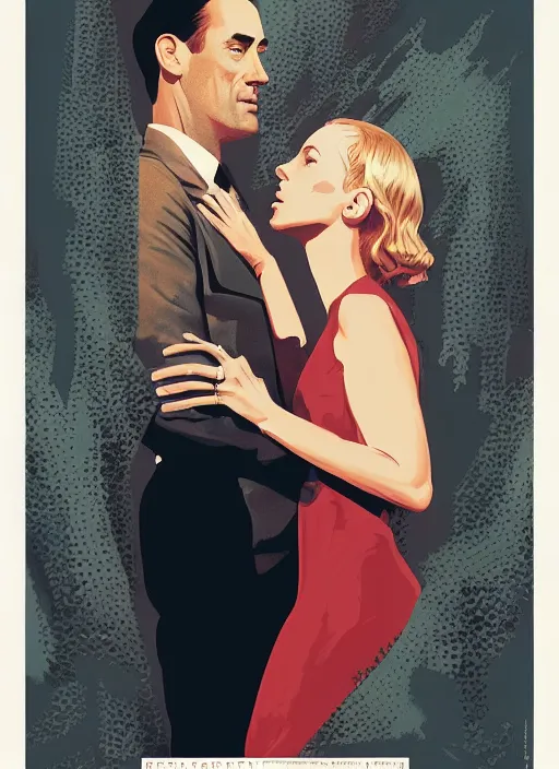Prompt: poster artwork by Michael Whelan and Tomer Hanuka, Karol Bak of Naomi Watts & Jon Hamm husband & wife portrait, in the pose of The Notebook poster, from scene from Twin Peaks, clean, simple illustration, nostalgic, domestic, full of details