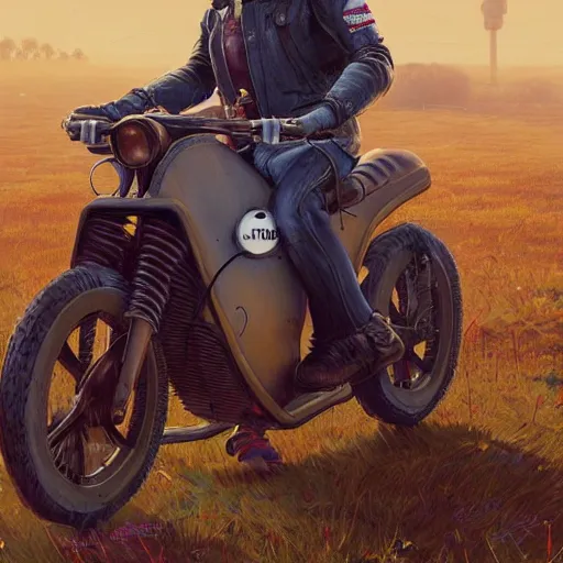 Prompt: bunny wearing a leather jacket riding a motorbike by simon - stalenhag!!!, ultra detailed, 8 k resolution, rule of thirds, dynamic pose, action pose, beautiful landscape