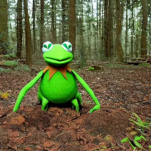 Image similar to kermit the frog on acid in the woods by john chamberlain