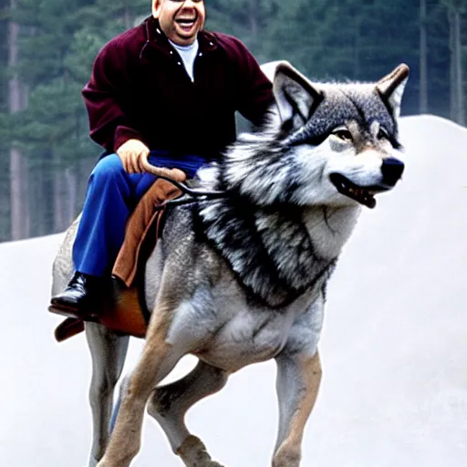 Image similar to George Costanza (from Seinfeld) riding a wolf