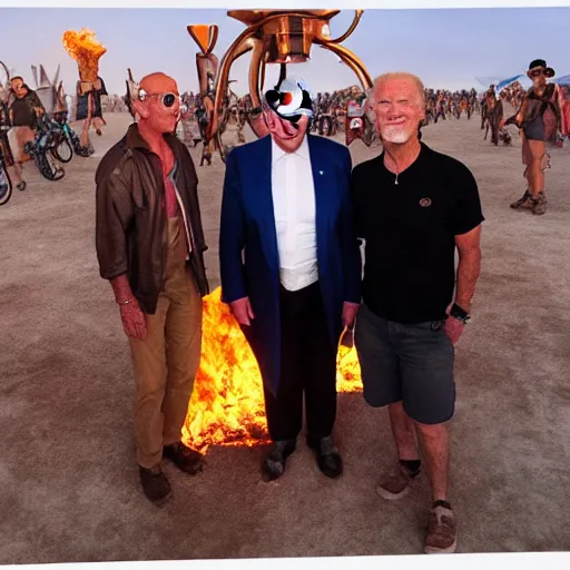 Image similar to photo of evil Joe Biden attending burning man with ecofeminist xenofeminist Donald Trump and a catboy Nick Land, photorealism, extremely detailed, soft lightning, playa, HD