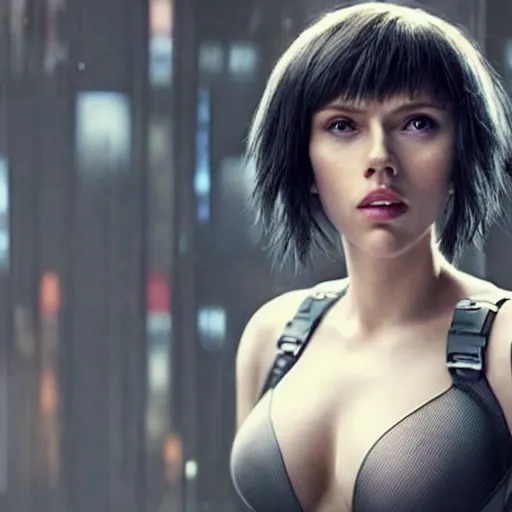 Prompt: scarlett johansson is ghost in the shell, render