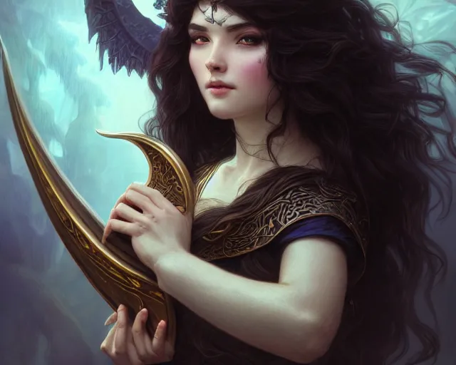 Prompt: photography of a dark long haired elve playing harp, deep focus, d & d, fantasy, intricate, elegant, highly detailed, digital painting, artstation, concept art, matte, sharp focus, illustration, hearthstone, art by artgerm and greg rutkowski and alphonse mucha