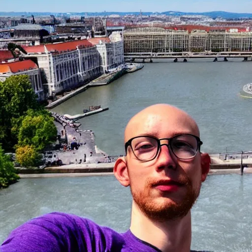 Image similar to artist yeat, noah olivier smith taking a selfie at budapest. realistic