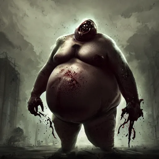 Image similar to angry extremely fat obese giant bloated zombie, full body portrait, with clothese, horror core, apocalyptic, feeling of grimdark, sharp focus, fiction, hyper detailed, digital art, trending in artstation, cinematic lighting, studio quality, smooth render, unreal engine 5 rendered, octane rendered, art style and nixeu and wlop and krenz cushart