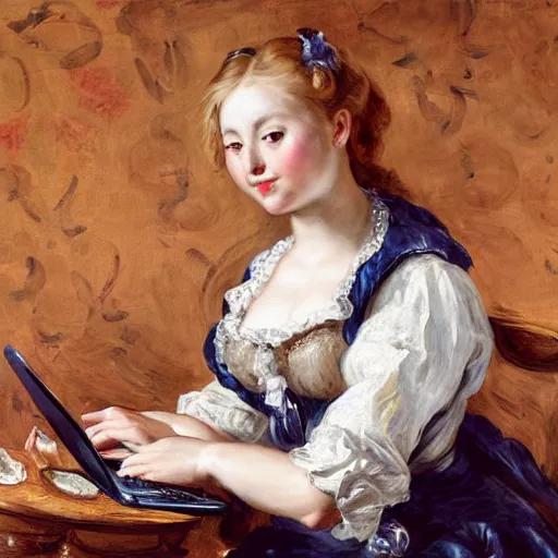 Prompt: heavenly summer sharp land sphere scallop well dressed lady working on her laptop while drinking a starbucks coffee, auslese, by peter paul rubens and eugene delacroix and karol bak, hyperrealism, digital illustration, fauvist