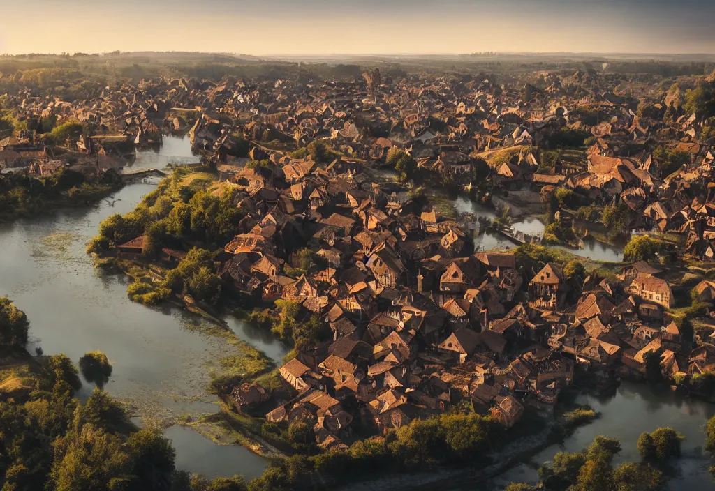 Prompt: a fantastic medieval township on the banks of a giant river, morning, beautiful, high contrast, 4 k, cinematic