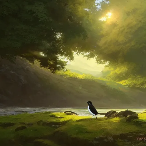 Image similar to wagtail bird in avila, lavandera, alpispa, river, green fields, summer season, 4 k, midday light concept art, by wlop, ilya kuvshinov, artgerm, krenz cushart, greg rutkowski, pixiv. cinematic dramatic atmosphere, sharp focus, volumetric lighting, cinematic lighting, studio quality