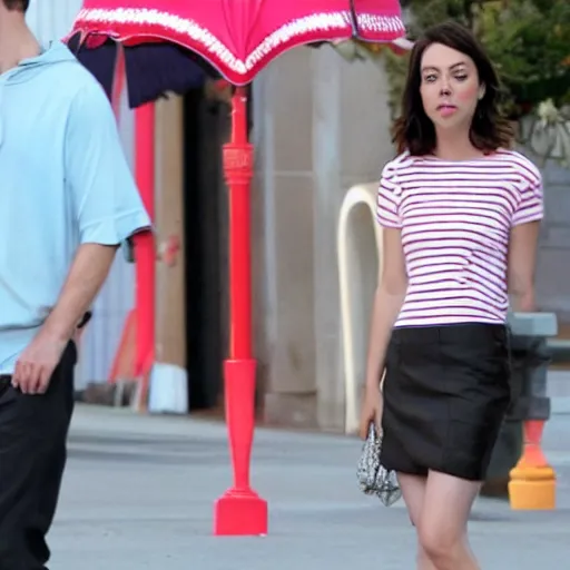 Image similar to aubrey plaza standing in a plaza