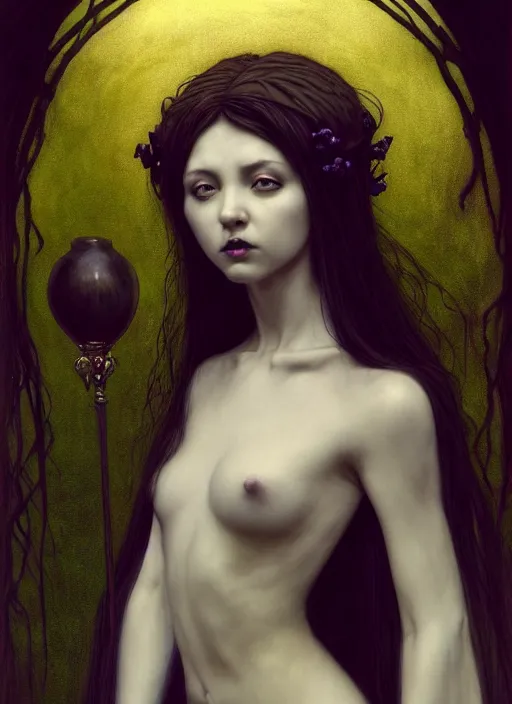 Image similar to masterpiece portrait enchanting gothic witch girl, by artgerm, h. r. giger, edmund leighton, haunting background by zdizslaw beksinski, james jean, elegant ceremonial robe details by gustave klimt, magick, volumetric lighting, porcelain skin, entranced, high detail, hyper photorealism, low angle, trending on artstation 8 k