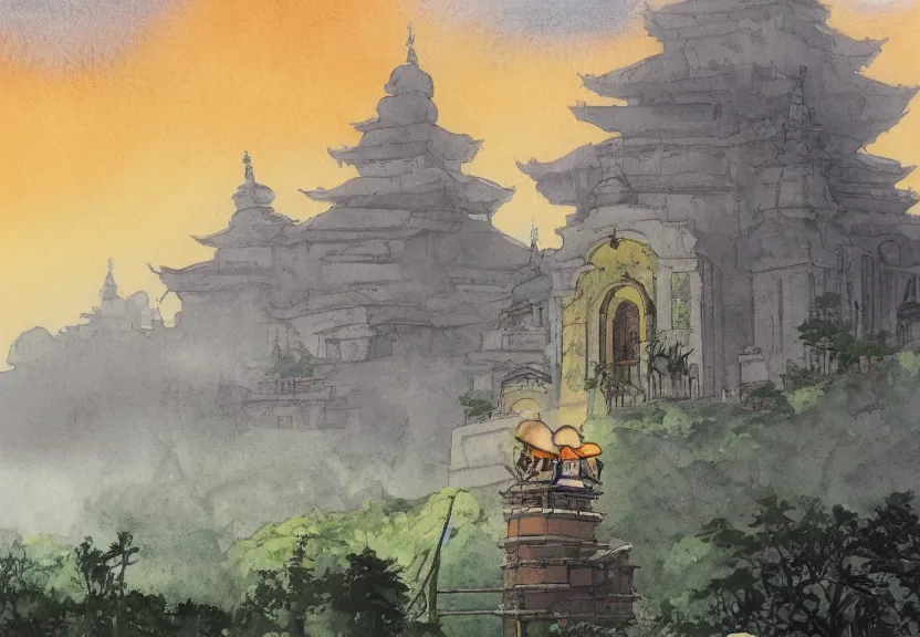 Prompt: a hyperrealist watercolor concept art from a studio ghibli film showing one giant grey monk. a temple is under construction in the background in india on a misty and starry night. by studio ghibli. very dull muted colors