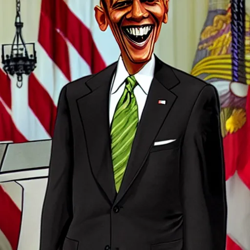 Prompt: disturbing evil looking horror caricature of obama with sharp teeth