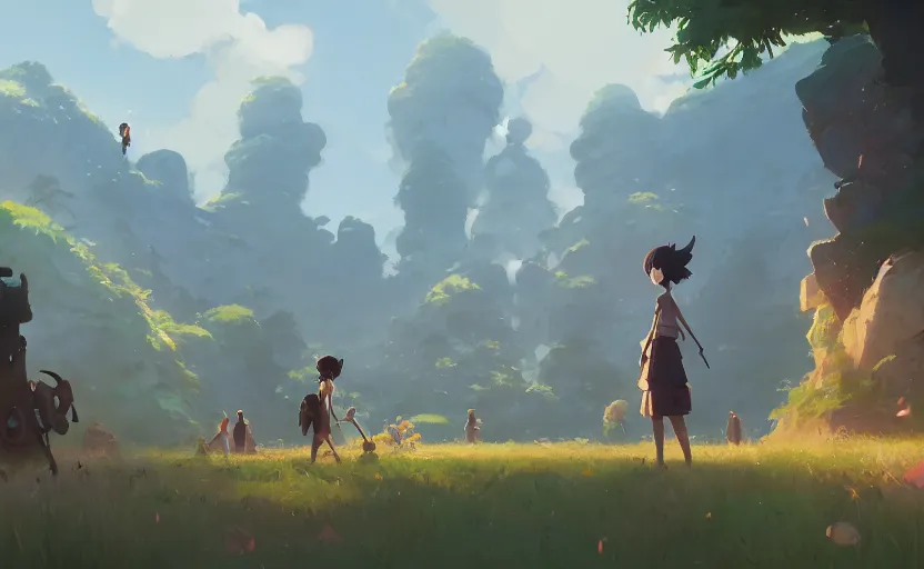 Image similar to fantasy field with the remains of ancient temples, cory loftis, james gilleard, atey ghailan, makoto shinkai, goro fujita, studio ghibli, rim light, exquisite lighting, clear focus, very coherent, plain background, soft painting