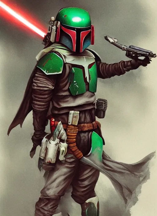 Image similar to boba fett redesign by square enix, final fantasy, detailed, cosmic, muscular, illustration, concept art, D&D, fantasy