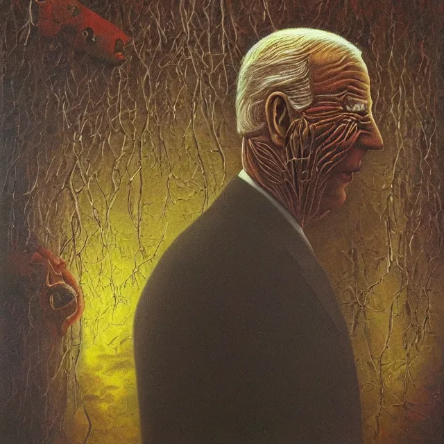 Image similar to an oil on canvas portrait painting of joe biden, surrealism, surrealist, cosmic horror, rob gonsalves, beksinski, high detail