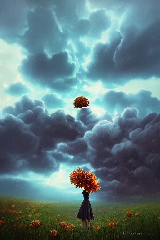 Image similar to closeup giant dahlia flower as head, girl standing on mountain, surreal photography, blue storm clouds, dramatic light, impressionist painting, digital painting, artstation, simon stalenhag