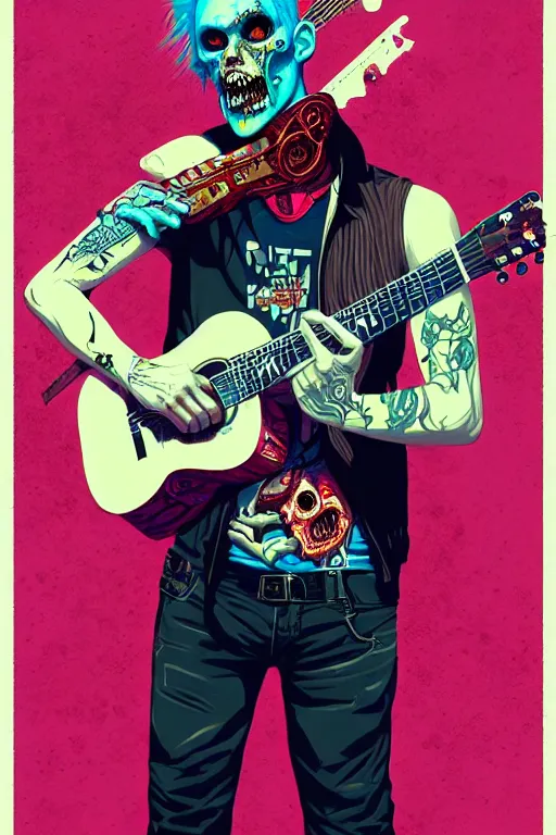 Prompt: zombie punk rocker playing acoustic guitar, tristan eaton, victo ngai, artgerm, rhads, ross draws, intricated details, 3 / 4 view, full body portrait