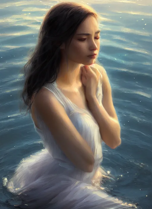 Image similar to cinematic shot of an epic portrait of a gentle girl by the lake, shiny skin, beautiful eyes, beautiful, small details, night setting, realistic poster with volumetric light from craig mallism, artgerm, jeremy lipkin and michael garmash, unreal engine, radiant light, detailed and complex environment, digital art, trends at art station