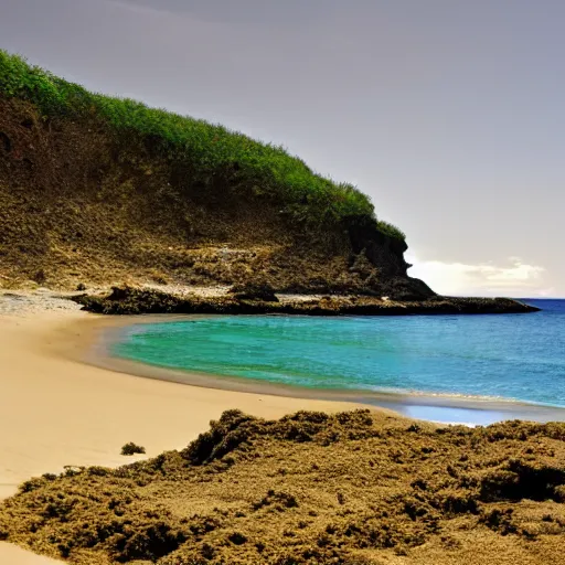 Image similar to a beach with green sand, 3 5 mm, realistic