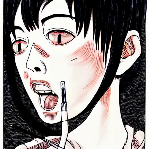 Image similar to a white girl withblack hair by junji ito, colored, realistic