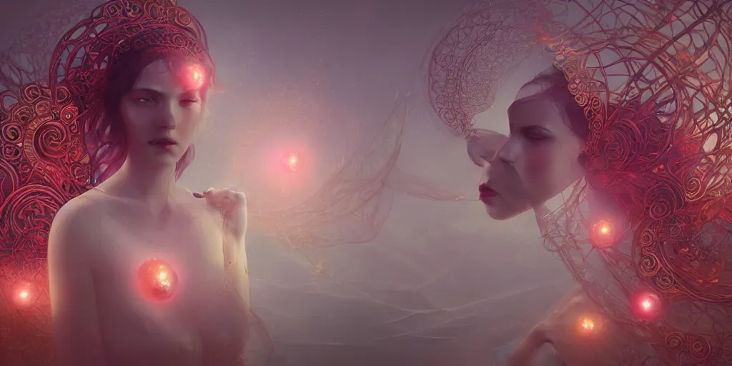 Image similar to ocean intricate fire pearls and ornate ruby, magical atmosphere, concept art, art nouveau, Reylia Slaby, Peter Gric, trending on artstation, volumetric lighting, CGsociety