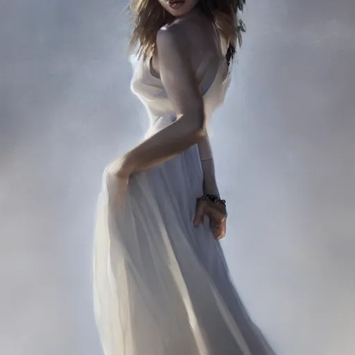 Image similar to portrait of beautiful happy young ana de armas wearing a beautiful silky white dress, half life 2, dishonored 2, painted by greg rutkowski, painted by stanley artgerm, painted by igor kieryluk, digital art, promotional art, trending on artstation